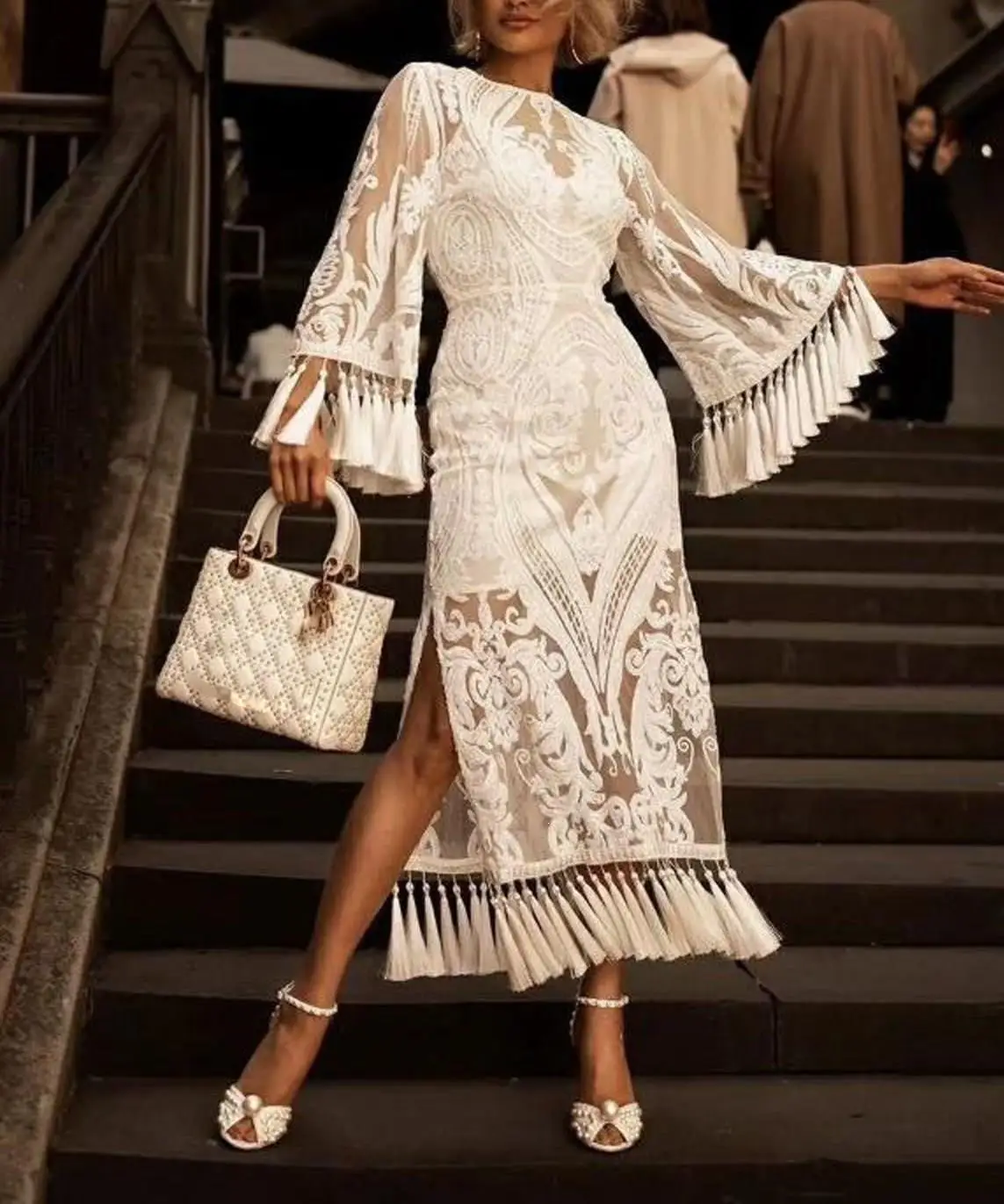 2019 женское летнее белое длинное платье с вышивкой и круглым вырезом элегантное