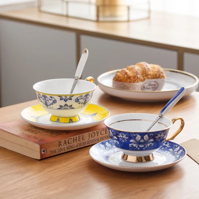 Blue And White Porcelain Coffee Cup Saucer European Small Luxury Phnom Penh Ceramic Set Afternoon Teacup Drinkware | Дом и сад