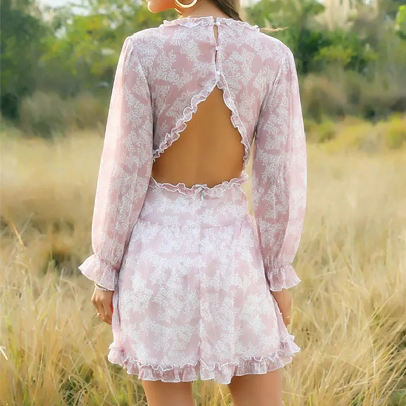 

2021 New Design Spring Summer Woman Ruffles Bodycon Dress V-neck Lantern Sleeve Floral Chiffon Undefined White Dress for Women