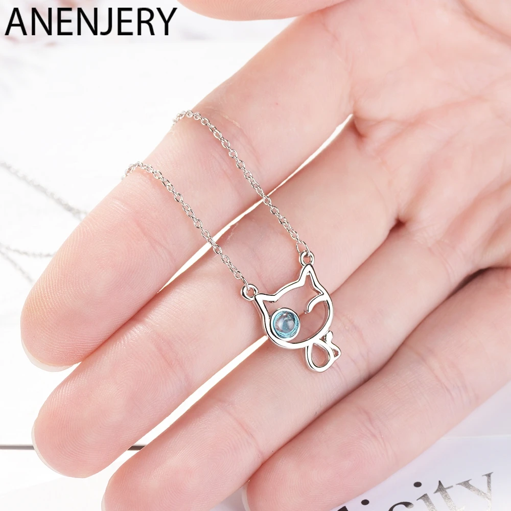 ANENJERY, милое, 925 пробы, серебряное, кошачье ожерелье для женщин, голубой кристалл, глаз, животное, цепочка, ожерелье S-N446
