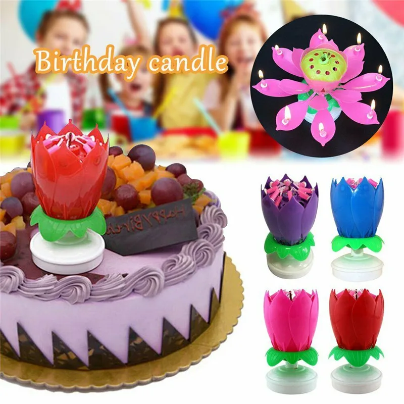 День рождения свечи цветок лотоса Double Deck вращающаяся музыкальная Свеча для