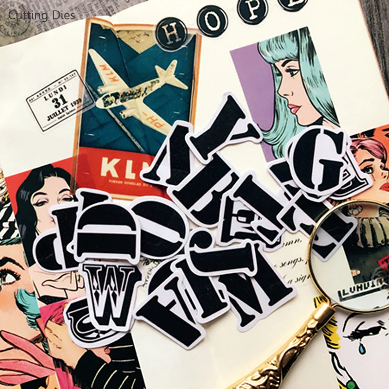 Самоклеящиеся бумажные наклейки с буквами алфавита черно белые для скрапбукинга