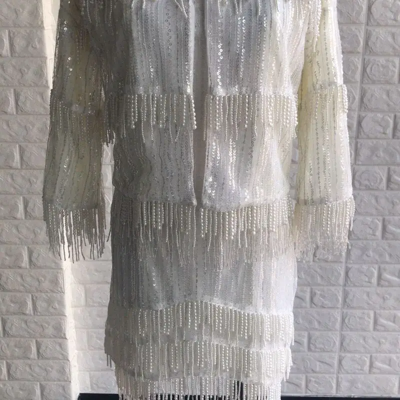 ivory white heavy New pearl tassel dress with shoulder straps pearl coat can customized big size