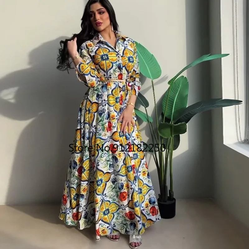 

Caftan умеренная одежда в мусульманском стиле для женщин, Abaya, Турция, Бангладеш, платья с длинным рукавом, арабское платье с красочным принтом ...