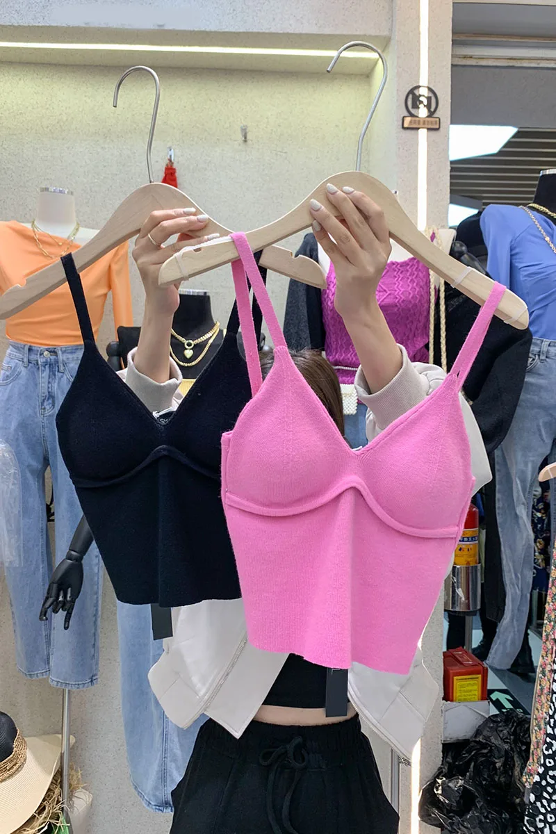 

2021 New Fashion Spring Summer V-neck Backless Sleeveless Small Tanks for Women Slim Thin Inside Wear Knitted Camisole Top