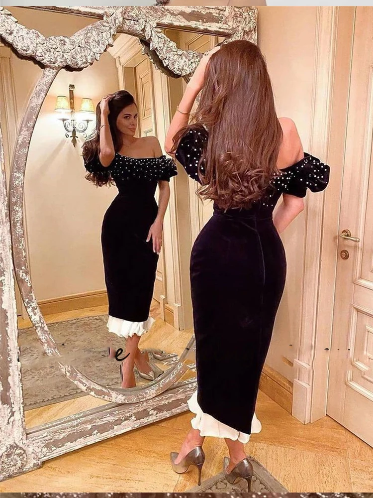 

Black Short Pearls Off Shoulder Evening Dresses Strapless Tea Length Velour Dubai Prom Party Dress Formal Night Gowns