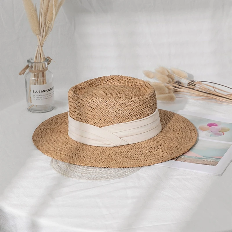 Соломенная шляпа для защиты от солнца плетеная пляжная Панама с плоскими