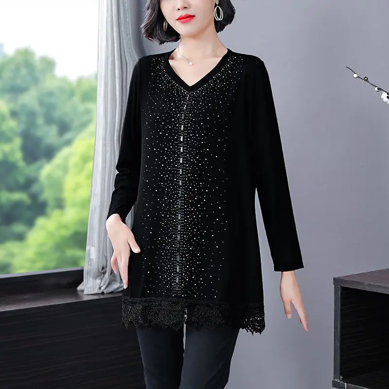 

Осенне-весенние пуловеры для женщин среднего возраста осенне-зимние женские топы с V-образным вырезом и длинным рукавом эластичные Лоскутн...