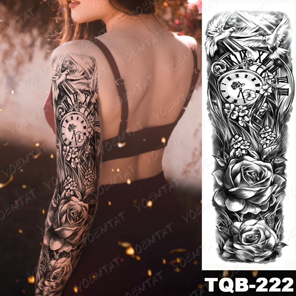

Waterproof Temporary Full Arm Tattoo Sticker Greek Warrior Clock Flower Flash Tattoos Female Sexy Body Art Fake Sleeve Tatto Man
