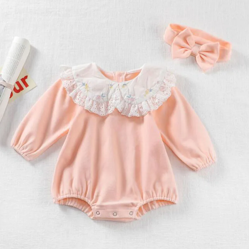 

0-3Yrs; Детский Комбинезончик для малышей Одежда для маленьких девочек, штаны с вышивкой повседневные с длинными рукавами и кружевным воротни...