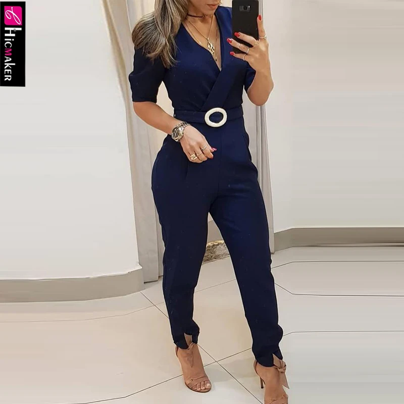 Однотонный комбинезон с короткими рукавами и v образным вырезом для женщин