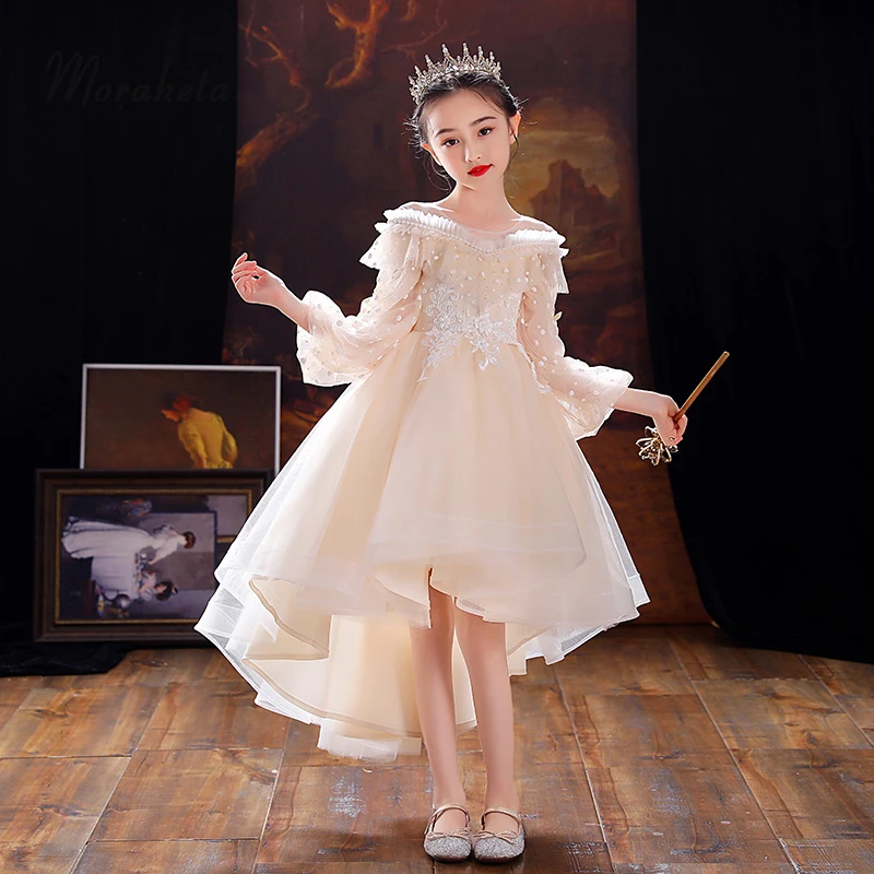 

Long Sleeve Short Flower Girl Dresses For Wedding Elegant O-Neck Princess Champagne High Low Children Piano Performance Dresses
