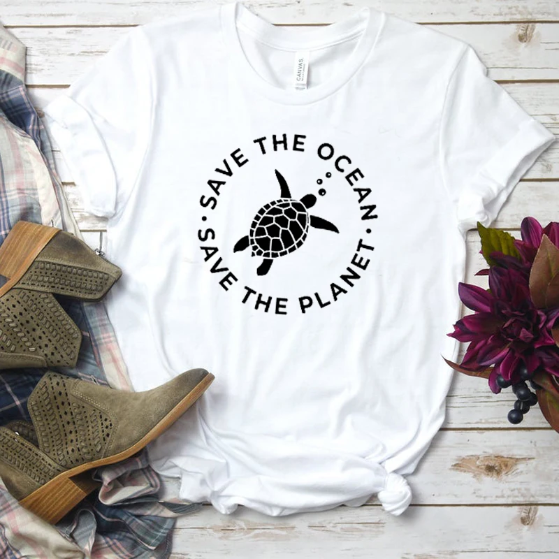Футболка с надписью Save The Ocean женская рубашка защитой черепахи хлопковая