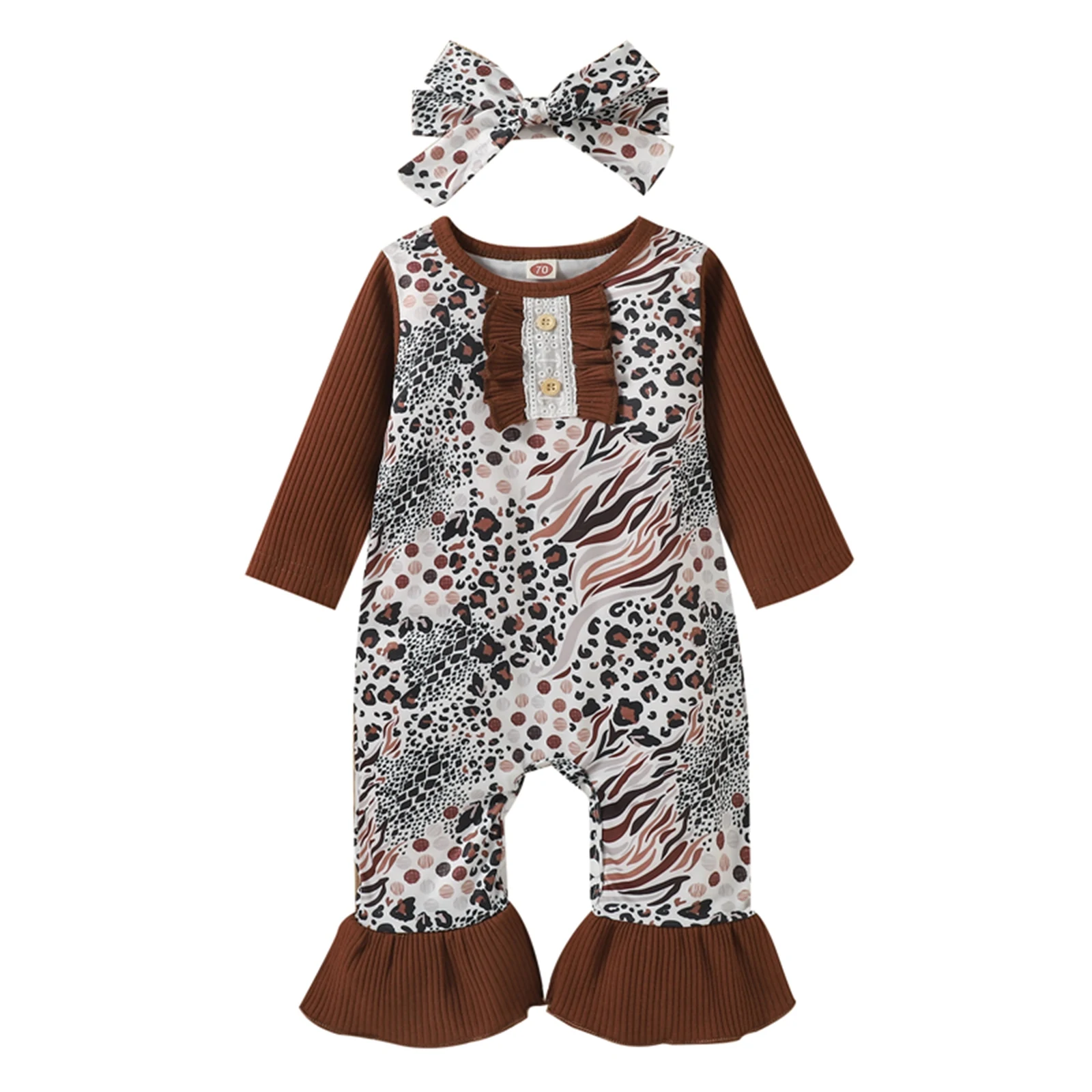 

2 Pcs Newborn Animal Print Outfits Infant Ruffle Baby girl Romper Long Sleeve Round Neck Jumpsuit + Bowknot Headband