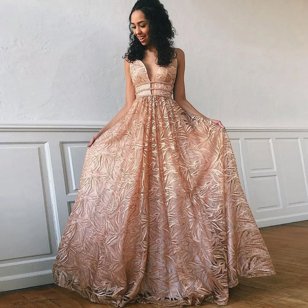 

Champagne A-line Spaghetti strap Floor length Net/Tulle V-Neck Sweep/Brush Applique Sleeveless Banbage Open back Evening Dresses