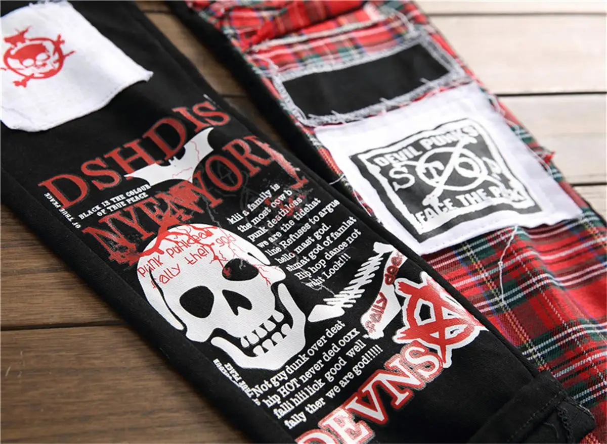 Street style color matching patch casual pants stretch footwear men's black printed pants punk casual men's pants