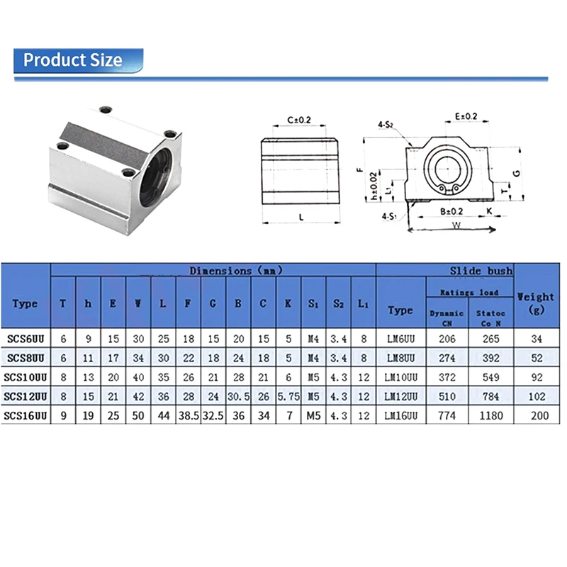 

1pc SC6/8/10/12/16/20UU Linear Motion Slide Block for Linear Shaft 3d Printer