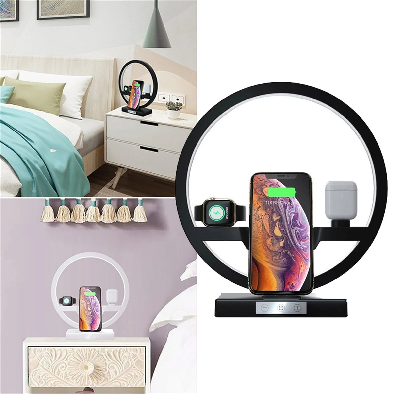 

Новинка, Лидер продаж, беспроводное зарядное устройство со светодиодной лампой для IPhone 12, держатель-подставка для Airpods Pro, гарнитура Apple Watch, С...