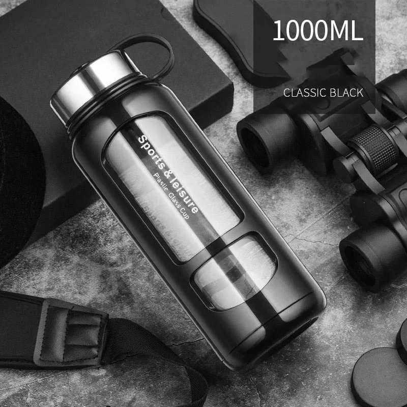 black 1000ml JOUDOO 700 мл 1000 мл портативные стеклянные бутылки для воды открытая космическая бутылка Спортивная бутылка для воды герметичная велосипедная альпинистская Подарочная 35 - Цвет: black 1000ml