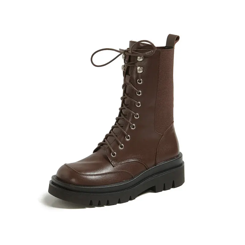 

Genuine Leather Block Heel Ankle Boots 2020 Autumn Winter Platform Cross Tied Shoes For Women Party Shoes Woman size 43