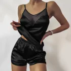 Женский пижамный комплект, Сексуальный Атласный пижамный комплект, черная сетчатая Пижама с V-образным вырезом, без рукавов, сексуальный топ на бретельках и шорты, однотонный Ночной костюм из вискозы