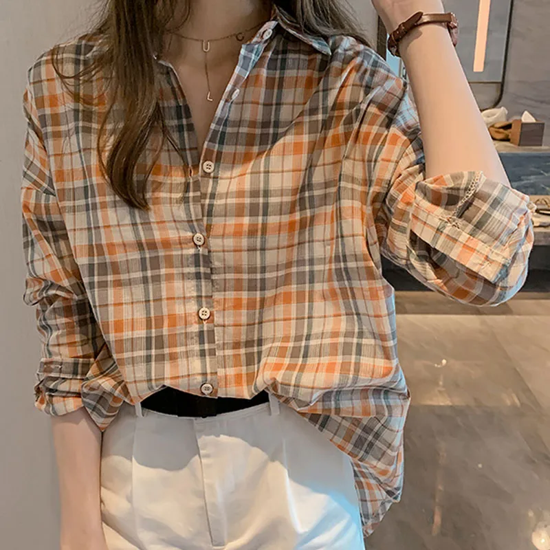 

Модная женская одежда 2021, клетчатые Дамские топы на пуговицах, женские рубашки, женские топы в стиле Харадзюку, большие размеры 4XL, 0491