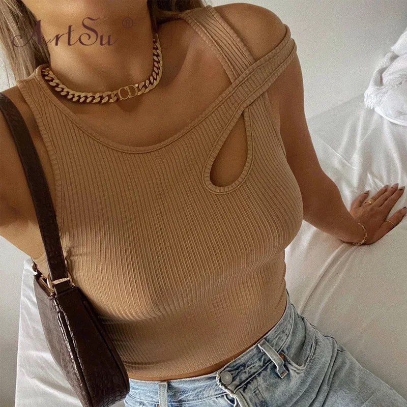 

Женский топ без рукавов ArtSu, однотонный Повседневный облегающий сексуальный топ с вырезами, укороченный топ, летняя уличная Асимметричная ф...