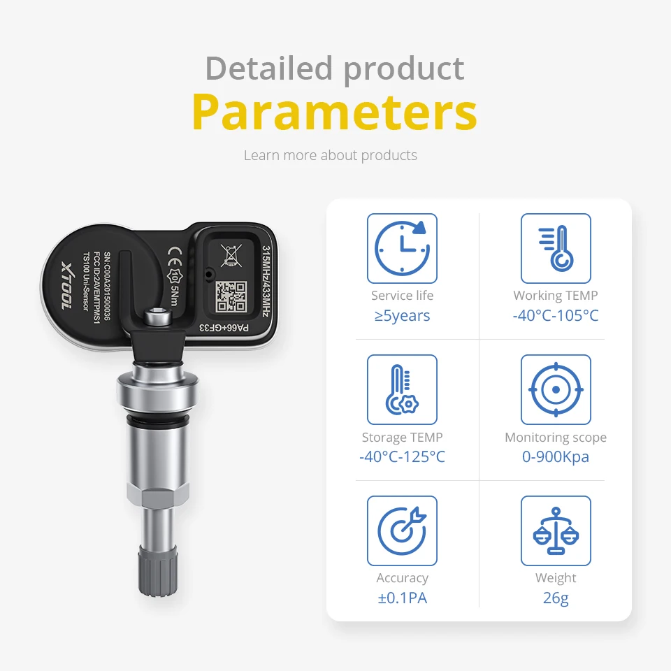 

Датчик давления в шинах XTOOL TS100 433 и 315 МГц, программируемый 2-в-1 TPMS датчик работает с TP150 и TP200, универсальный инструмент для ремонта шин