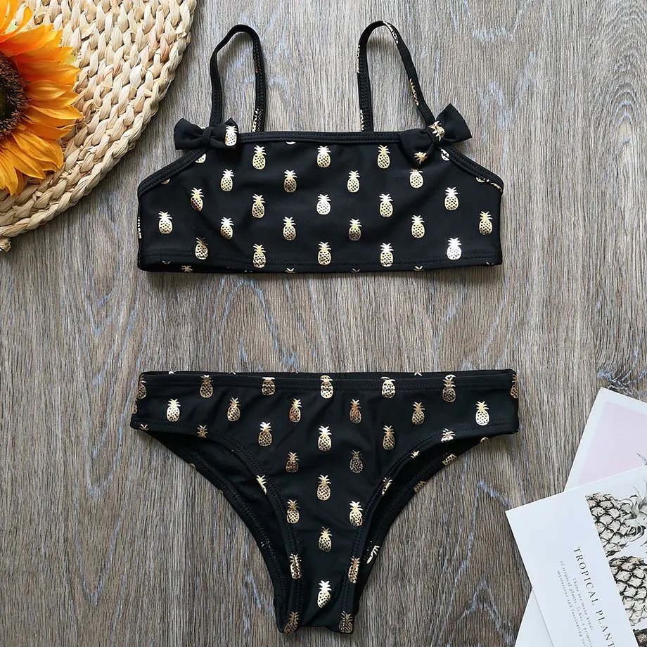2-8 Years Girl Swimsuit Kids Swimwear Gold Pineapple Stamping Toddler Bikini Set Two Piece Children's Infant