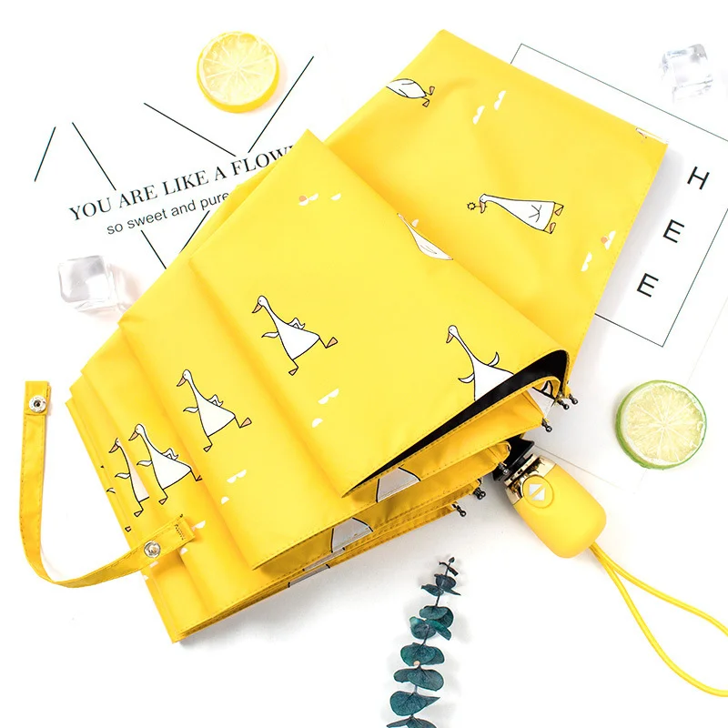 

Новый мультяшный дизайнерский автоматический зонтик желтого цвета ветрозащитный женский зонтик для девушек солнечные и дождливые складны...