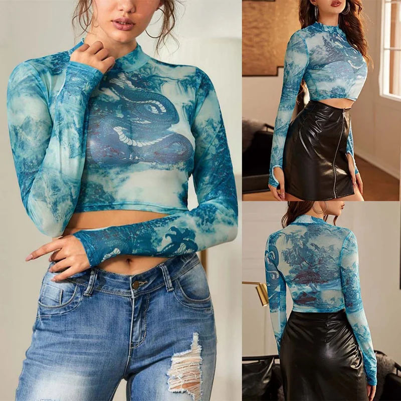 

Autumn Thin Mesh See-Through Crop Top Feminine Print Fashion Tee Top Transparent Blouse