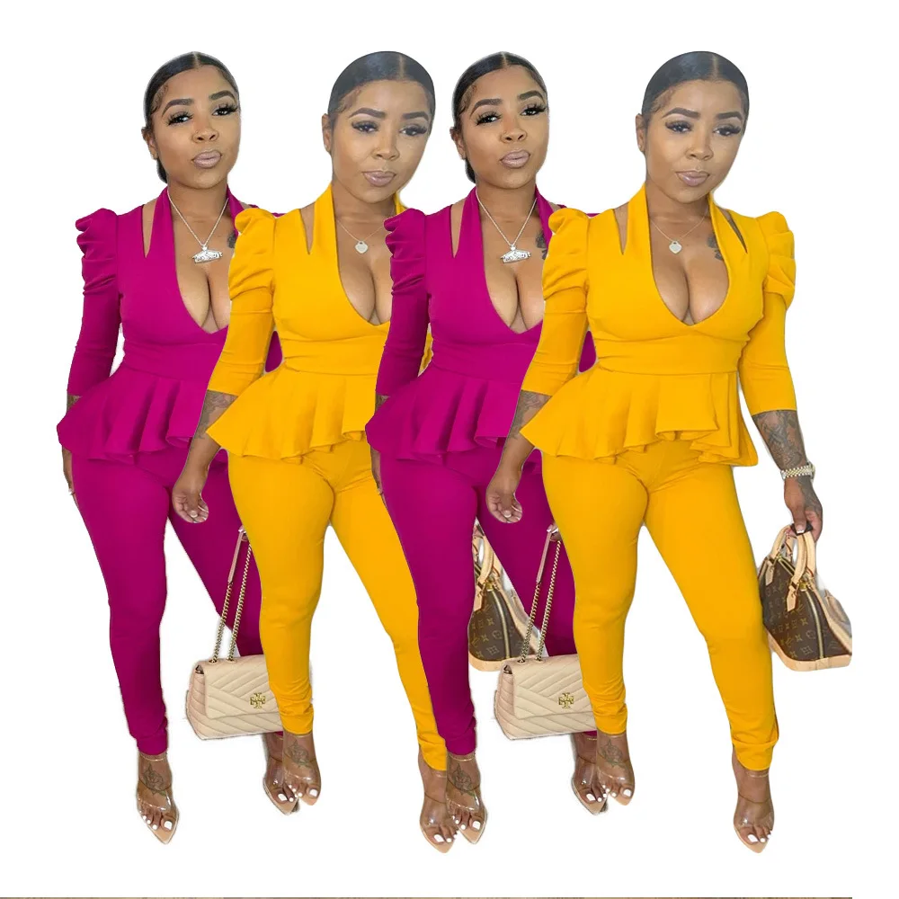 

2021 Fall Fashion Two Piece Sets Womens Outfits Leisure Commuter Pure Color Long Sleeves with Ruffles