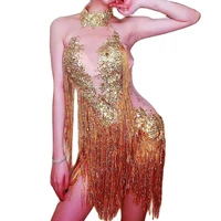 sparkly diamonds gold tassel women dresses sleeveless mesh transparent short dresses nightclub stage performance costumes