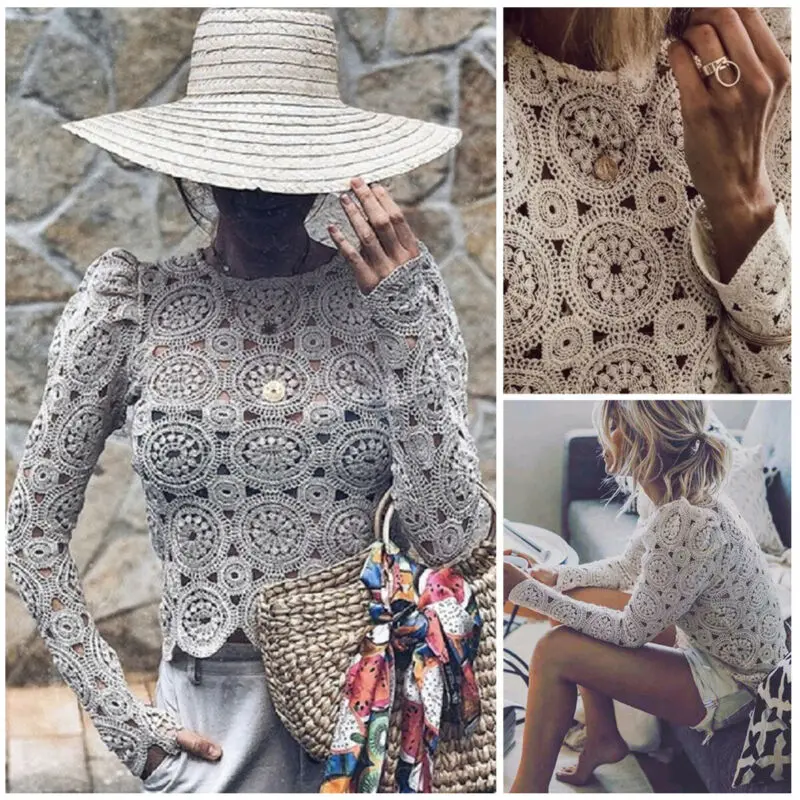 Бежевая блузка Женская кружевная крючком ажурная рубашка с длинным рукавом топы