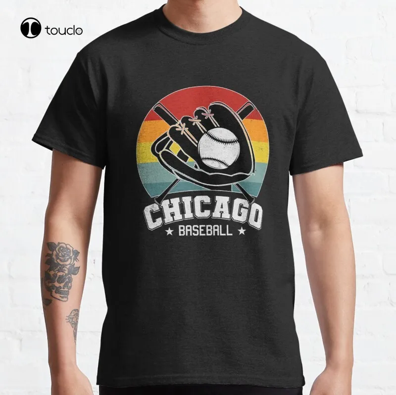 

Vintage Chicago Baseball Fan Retro Sunset Classic T-Shirt Cotton Tee Shirt