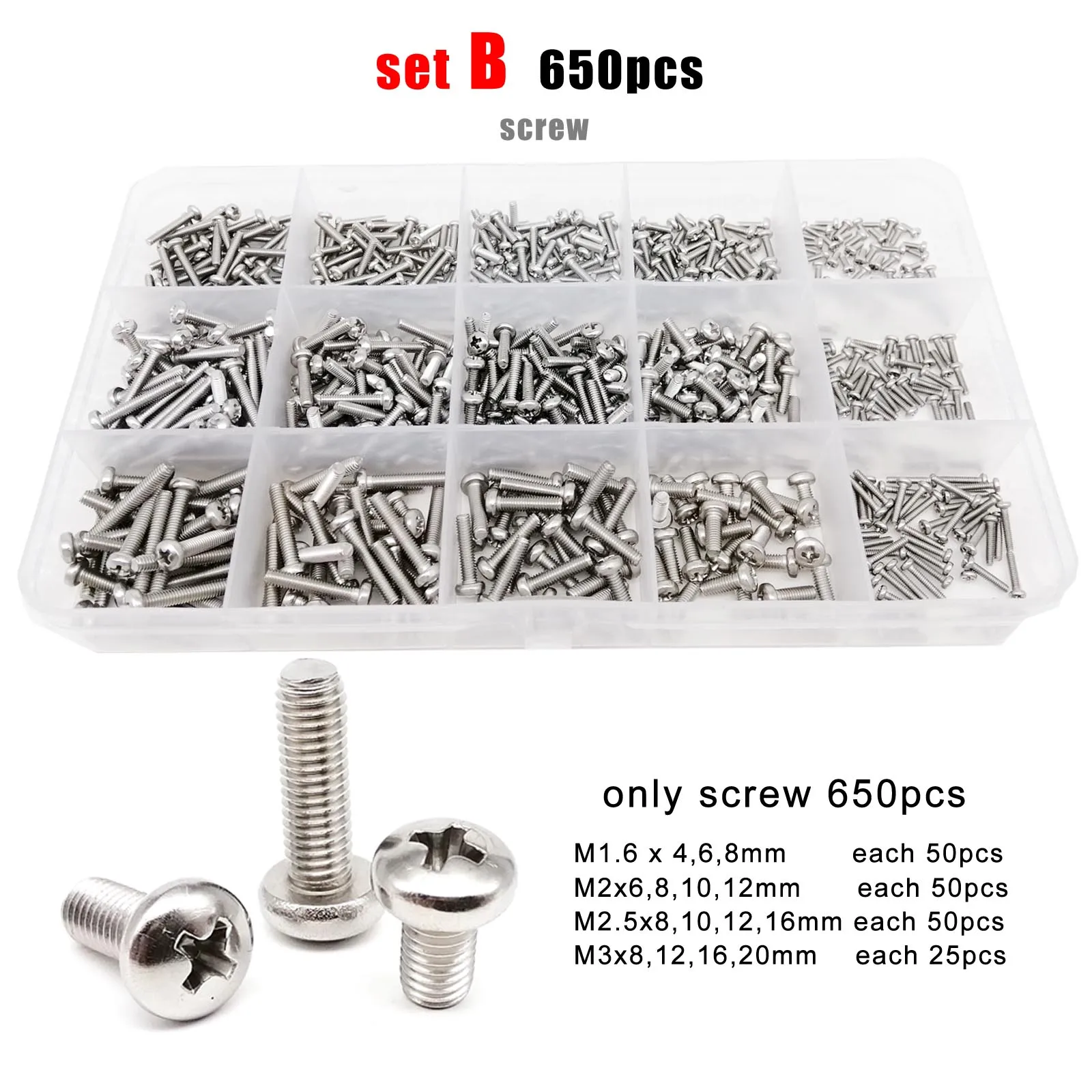 400/2100pcs M1.6 M2 M2.5 M3 M4 M5 304 Stainless Steel Cross Phillips Pan Round Head Screw Bolt Nut Washer Assortment Set Kit Box - купить по