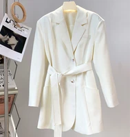 2021 women elegant lapel solid color white blazer coats office lady work casual loose long suit jackets women business blazer