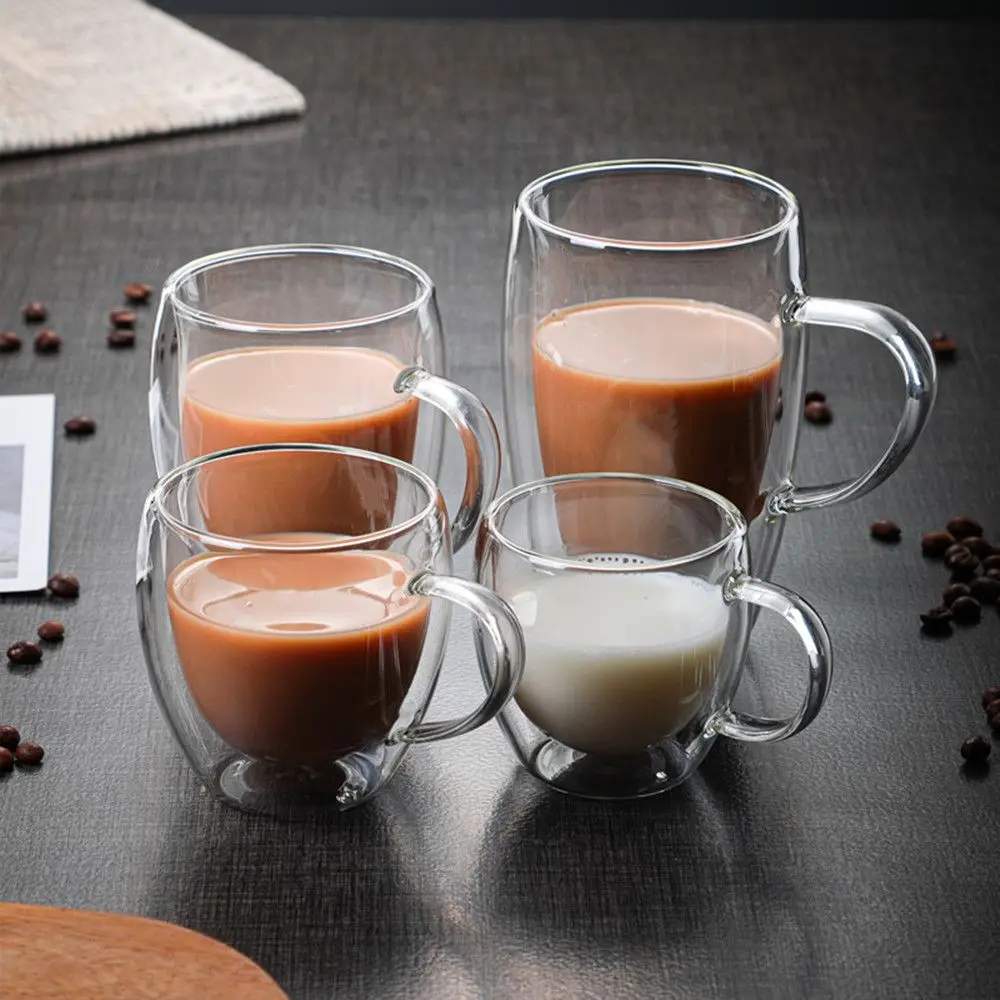 

Creative Design Coffee Supplies Household Tools Heat Resistant Double Layer With Handle Glass Tea Mug Glass Cup