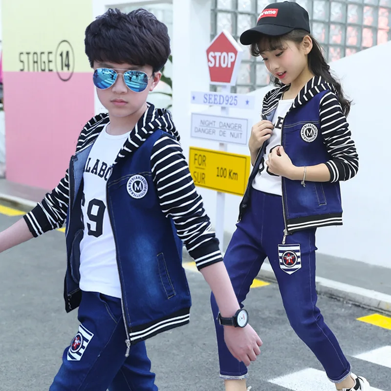 Джинсовый костюм с капюшоном для мальчиков и девочек ковбойский комплект из двух