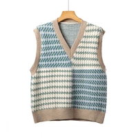 women knitted hit color vest sweaters houndstooth autumn v neck sleeveless female sweater vests casual patchwork ladies pullover