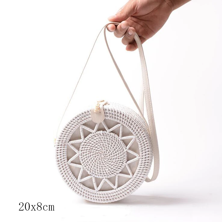 white C 20X8cm Солнечный пляж, ручные тканые сумки, круглая сумка с пряжкой, Ротанговые соломенные сумки, ранец, богемная пляжная круглая сумка - Цвет: white C 20X8cm