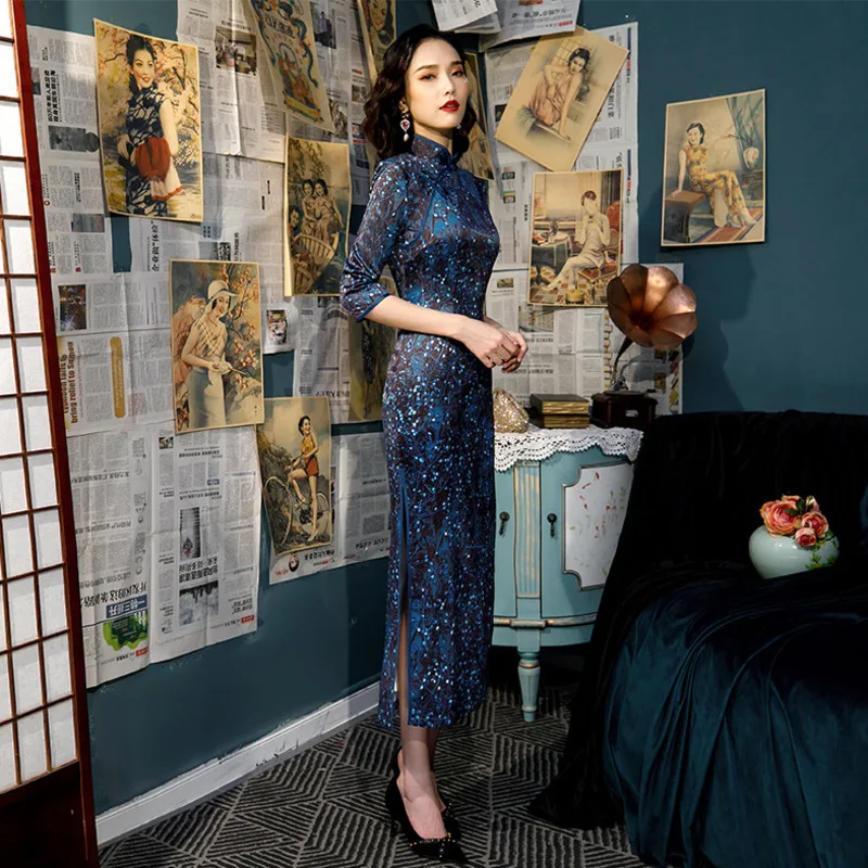 Sheng Coco женские платья темно синего цвета китайские традиционные с коротким