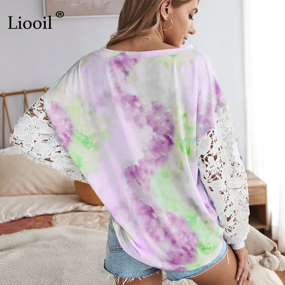 

Liooil Casual Tie Dye Shirt Women 2020 Autumn Lace Hollow Out Long Sleeve O Neck Loose Womens Patchwork Print Top And Blouses