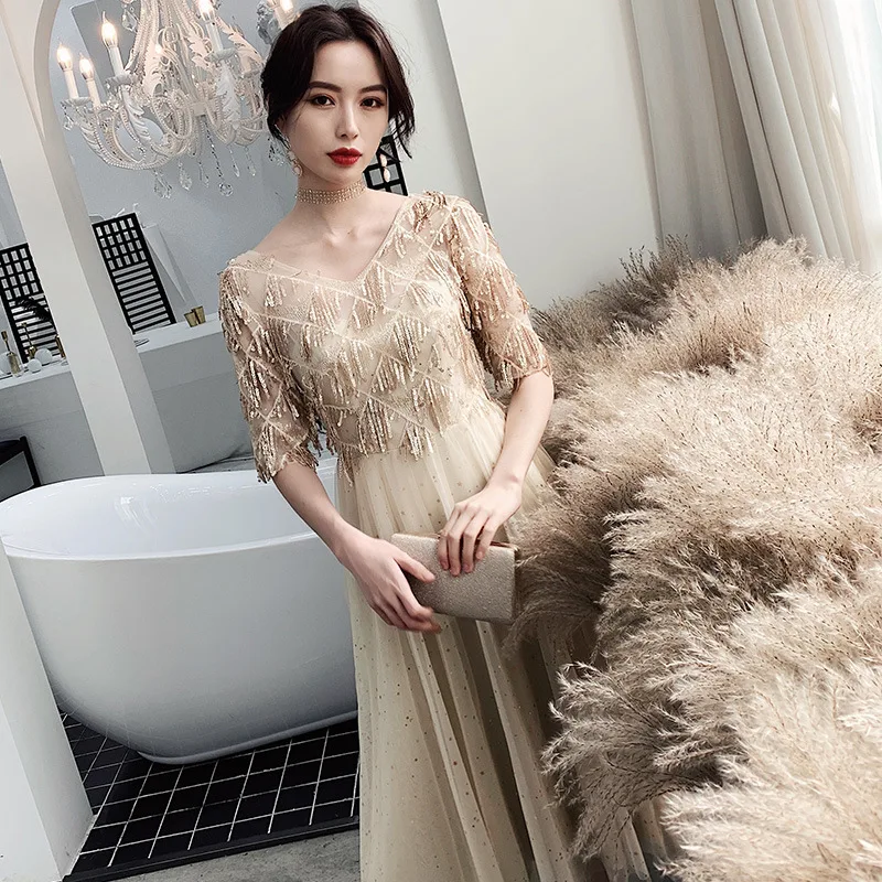 

Gold Sequins Evening Dress Sexy V-neck Party Dress Elegant A-line Celebrity Banquet Dress Mesh Dress With Tassel Oversize 3XL