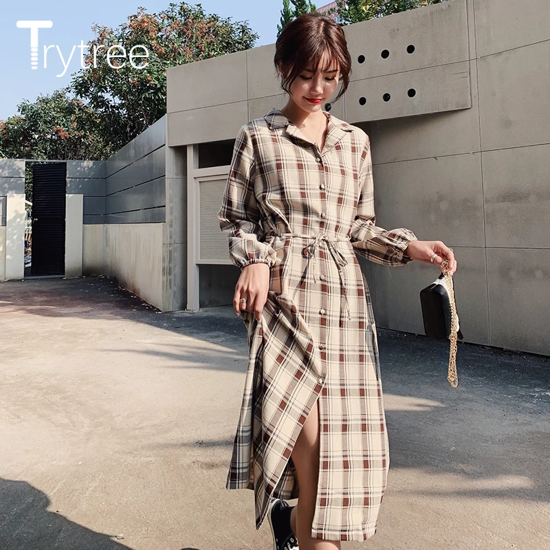 Весеннее женское платье Trytree 2020 повседневное однобортное клетчатое