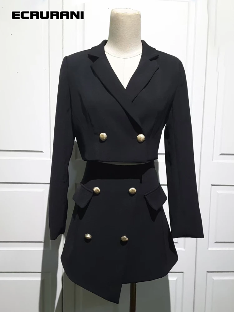 

Элегантный черный женский костюм ECRURANI с отложным воротником и длинным рукавом, Тонкий Блейзер с высокой талией, нестандартные мини-юбки, по...