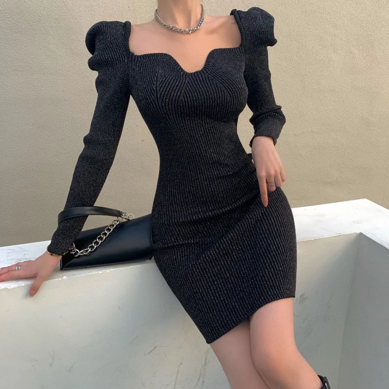 

Long Sleeve Dress Women 2021 Spring and Summer Sexy V Neck Puff Sleeve Knit Dress Slim Elegant Long Sleeve Short Mini Dresses