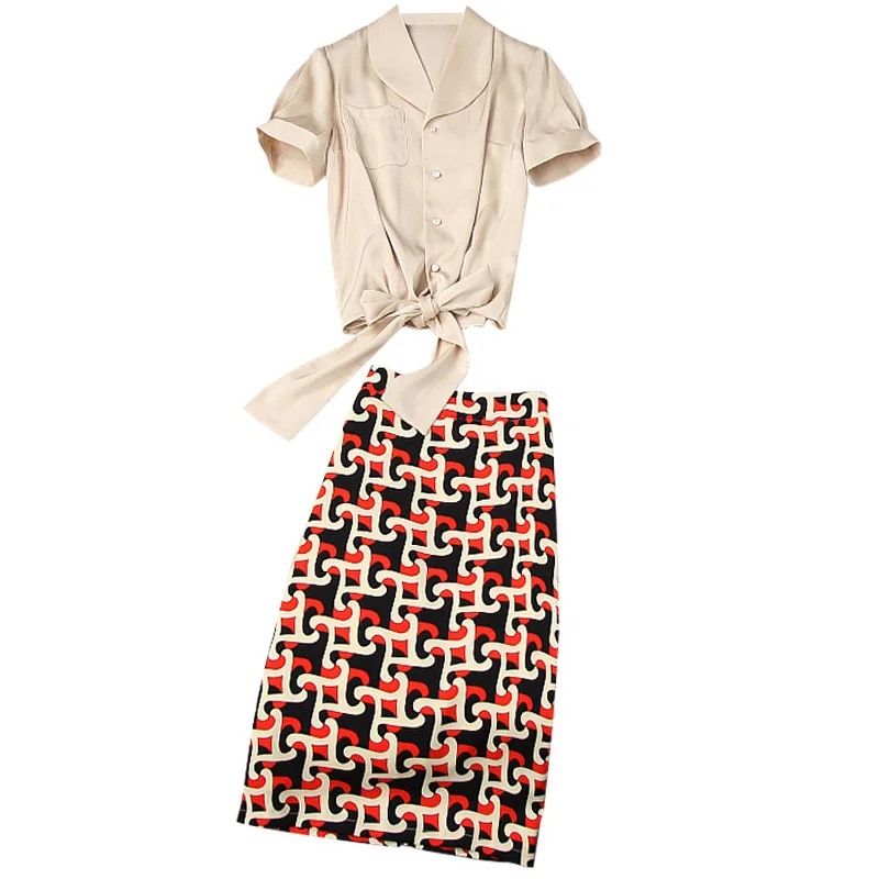 

Elegant Print Sets Turn-down Collar bandage shirt + pencil Skirt temperament Slim Sets Spring and summer new women's