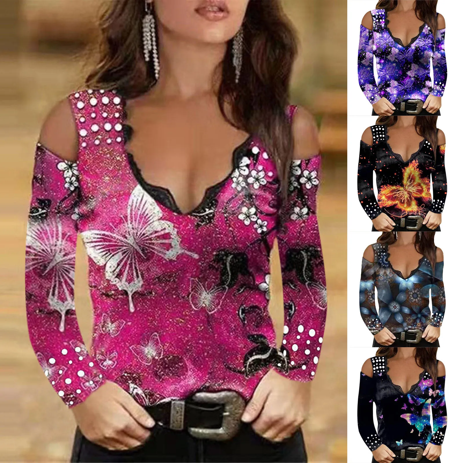 

Блузка женская с открытыми плечами, пикантный кружевной Элегантный Модный Топ с длинным рукавом и V-образным вырезом, с цветочным принтом