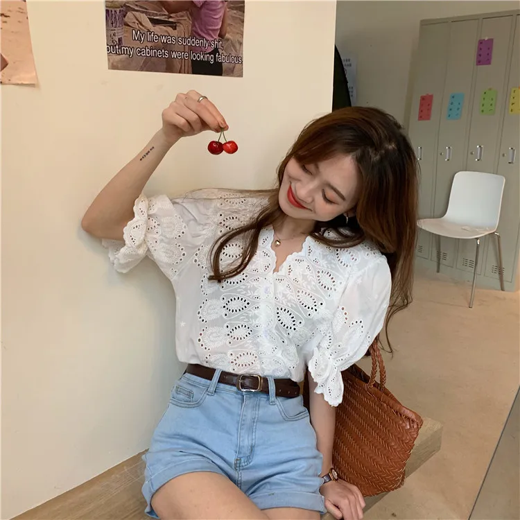 

Women's Clothing Summer Korean Style Hollow Out White Shirts V-neck Blouses Fashion Brand Ladies Tops New Blusas Mujer De Moda
